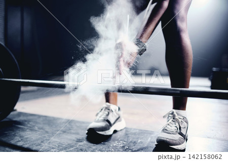 Barbell, powder and legs of person for workout, exercise and development for sport. Bodybuilder, weights and body of athlete with equipment at gym for wellness, training and healthy progress Barbell, powder and legs of person for workout, exercise and development for sport. Bodybuilder, weights and body of athlete with equipment at gym for wellness, training and healthy progress 142158062