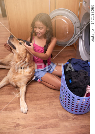 Washing machine, dog and child with laundry in home for cleaning clothes and housekeeping. Happy, hygiene and young girl kid with basket of clothing for playing and bonding with pet puppy at home. Washing machine, dog and child with laundry in home for cleaning clothes and housekeeping. Happy, hygiene and young girl kid with basket of clothing for playing and bonding with pet puppy at home. 142158069