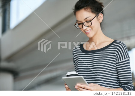 Tablet, search and business woman in office building with social media, scroll or web communication. Digital, planning and female entrepreneur with online, research or b2b networking on coffee break Tablet, search and business woman in office building with social media, scroll or web communication. Digital, planning and female entrepreneur with online, research or b2b networking on coffee break 142158132