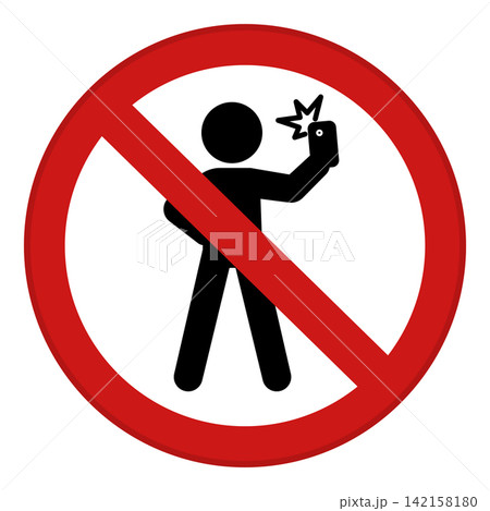 Red Sign No Selfie. Vector Icon. Prohibitory Road Sign. Man Taking Selfie with Mobile Phone Red Sign No Selfie. Vector Icon. Prohibitory Road Sign. Man Taking Selfie with Mobile Phone 142158180
