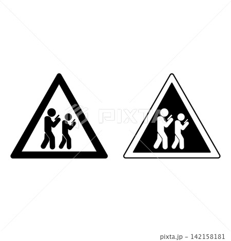 Signs Beware of Smartphone Zombie. Black and White Vector Icons. Humorous Sign. People Constantly Looking at Mobile Phone 142158181