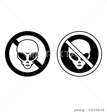 No Alien Signs. Black and White Vector Icons. Humorous Road Sign. No UFOs. No Extraterrestrial Civilization No Alien Signs. Black and White Vector Icons. Humorous Road Sign. No UFOs. No Extraterrestrial Civilization 142158219