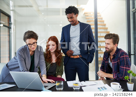 Laptop, teamwork or people in startup for problem solving, conversation or discussion for tech news. Solution, meeting or women in office for planning strategy, feedback data or online collaboration 142158244