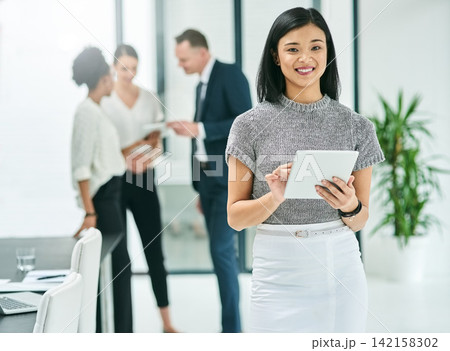 Businesswoman, portrait and smile in office with tablet in confidence for team with teamwork research. Lawyer, firm and pride with attorney for trust with technology, legal services and happiness 142158302