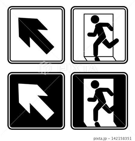 Signs Emergency Exit Pointing Up. Black and White Vector Icons. Warning Sign. Man Running Towards Door. Emergency Evacuation Symbol Signs Emergency Exit Pointing Up. Black and White Vector Icons. Warning Sign. Man Running Towards Door. Emergency Evacuation Symbol 142158351