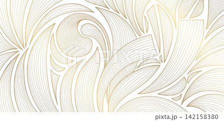 Luxury abstract botanical pattern, golden line leaves, flowers, tropical foliage, art deco style Japanese design. Vector illustration organic texture, vintage decorative ornament, textile print Luxury abstract botanical pattern, golden line leaves, flowers, tropical foliage, art deco style Japanese design. Vector illustration organic texture, vintage decorative ornament, textile print 142158380