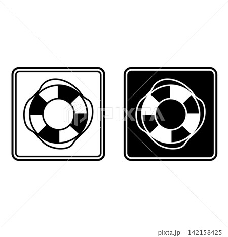Emergency Lifebuoy Signs. Black and White Vector Icons. Evacuation Sign. Drowning Rescue Service. First Aid for Victims of Water Recreation Emergency Lifebuoy Signs. Black and White Vector Icons. Evacuation Sign. Drowning Rescue Service. First Aid for Victims of Water Recreation 142158425