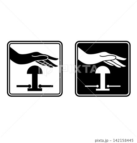 Emergency Stop Push Button Signs. Black and White Vector Icons. Evacuation Sign. Industrial Safety, Observe Work Rules at the Facility. Emergency Situation Emergency Stop Push Button Signs. Black and White Vector Icons. Evacuation Sign. Industrial Safety, Observe Work Rules at the Facility. Emergency Situation 142158445