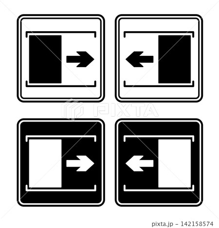 Signs Door Slide Right and Left. Black and White Vector Icons. Warning Sign. The Door Slides Right To Open. Door Slides Left To Open Signs Door Slide Right and Left. Black and White Vector Icons. Warning Sign. The Door Slides Right To Open. Door Slides Left To Open 142158574