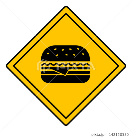 Yellow Sign Burger Zone. Vector Icon. Humorous Road Sign. Junk Food Warning, Overeating Danger Yellow Sign Burger Zone. Vector Icon. Humorous Road Sign. Junk Food Warning, Overeating Danger 142158580