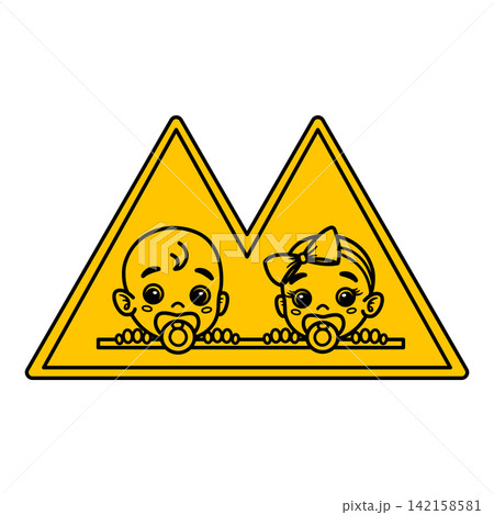Yellow Sign Twins in Car. Vector Icon. Warning Humorous Sign. Sticker for Car. There are Small Children in the Transport Yellow Sign Twins in Car. Vector Icon. Warning Humorous Sign. Sticker for Car. There are Small Children in the Transport 142158581