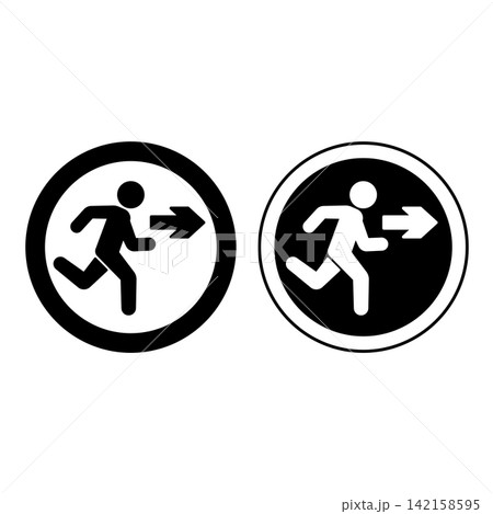 Exit Signs. Black and White Vector Icons. Warning Sign. Man Running Behind Exit Arrow. Emergency Evacuation Symbol Exit Signs. Black and White Vector Icons. Warning Sign. Man Running Behind Exit Arrow. Emergency Evacuation Symbol 142158595