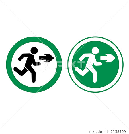 Green Signs Exit. Vector Icons. Warning Sign. Man Running Behind Exit Arrow. Emergency Evacuation Symbol Green Signs Exit. Vector Icons. Warning Sign. Man Running Behind Exit Arrow. Emergency Evacuation Symbol 142158599