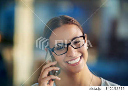 Business woman, smile and cellphone conversation in office for communication, sales and corporate deals. Person, happy and talking on mobile device for agreement, negotiation and job opportunity Business woman, smile and cellphone conversation in office for communication, sales and corporate deals. Person, happy and talking on mobile device for agreement, negotiation and job opportunity 142158813
