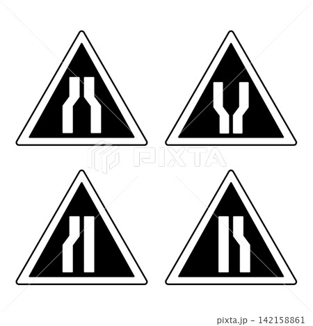 Black Road Signs. Vector Icons. Road Narrows, Road Widens, Road Narrows Left, Road Narrows Right 142158861