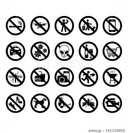 Prohibitory Public Signs. Vector Icons. Sticker Set. No Selfies, Smoking, Drones, Phones, BBQ, Dog Walking, Wearing Shoes, Aliens and More 142158958