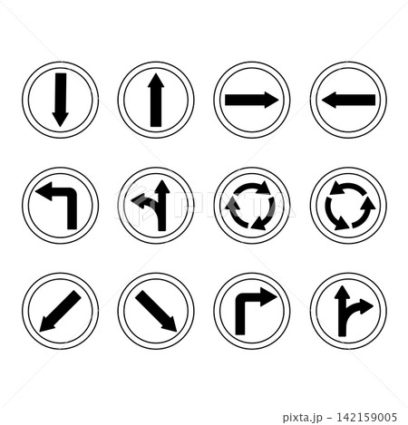 Road Traffic Arrows. Round Signs. Vector Icons. Back, Forward, Right and Left Arrows. Straight or Right, Straight or Left. Roundabout. Keep Left or Right Road Traffic Arrows. Round Signs. Vector Icons. Back, Forward, Right and Left Arrows. Straight or Right, Straight or Left. Roundabout. Keep Left or Right 142159005
