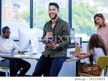 Businessman, portrait and tablet on table in office with computer for business, work and career. Graphic designer, technology and smile in workplace for company, creative and startup with team Businessman, portrait and tablet on table in office with computer for business, work and career. Graphic designer, technology and smile in workplace for company, creative and startup with team 142159035