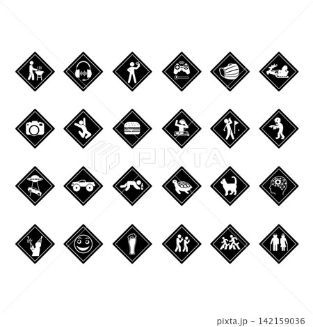 Black Humorous Road Signs. Vector Diamond Shaped Icons. BBQ, Music, Selfie, Gamer, Photographer, Burger, Golfer Zone. DJ at Work, Beware of Zombies, No Parking and More Black Humorous Road Signs. Vector Diamond Shaped Icons. BBQ, Music, Selfie, Gamer, Photographer, Burger, Golfer Zone. DJ at Work, Beware of Zombies, No Parking and More 142159036