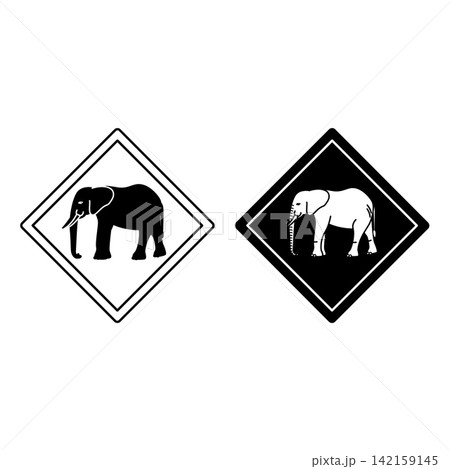 Elephant Road Signs. Black and White Vector Icons. Road Sign Warning about Crossing the Road by Animals. Sticker for Zoo Elephant Road Signs. Black and White Vector Icons. Road Sign Warning about Crossing the Road by Animals. Sticker for Zoo 142159145