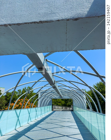 Modern bridge design connects park areas in an urban setting during a clear day Modern bridge design connects park areas in an urban setting during a clear day 142159407