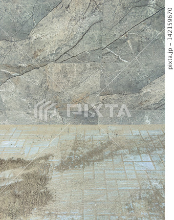 Surface showing different textures of gray marble and sand in an outdoor setting during daylight Surface showing different textures of gray marble and sand in an outdoor setting during daylight 142159670