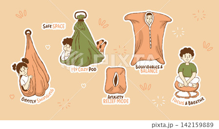 Autism Sensory Therapy Sticker Planner Set. Special Needs Children in Body Sock, Balance Board and Swings. Kids ADHD Mental Health Anxiety Relief Quotes Collection. Isolated Vector illustration. Autism Sensory Therapy Sticker Planner Set. Special Needs Children in Body Sock, Balance Board and Swings. Kids ADHD Mental Health Anxiety Relief Quotes Collection. Isolated Vector illustration. 142159889