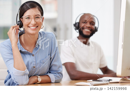 Colleagues, call centre and woman portrait with smile, office and headset for crm. Communication, customer support or help with technology, face or virtual sales consultant for telemarketing business 142159998