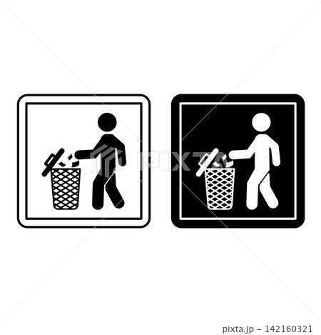 No Littering Icons. Labels for Cardboard Packaging. Man Throwing Trash in Trash Bin. Warning Sign. Illustration on White and Black Background. No Littering Icons. Labels for Cardboard Packaging. Man Throwing Trash in Trash Bin. Warning Sign. Illustration on White and Black Background. 142160321