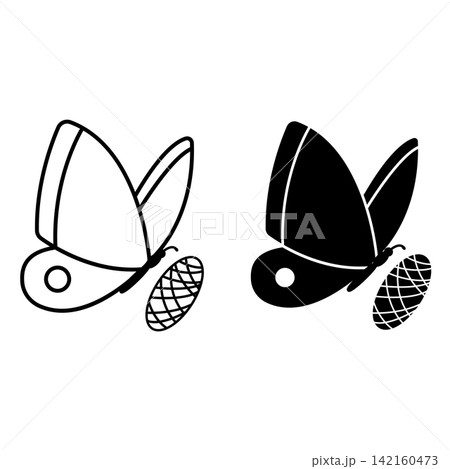Silk Icons. Black and White Vector Illustration. Silkworm Butterfly and Cocoon. Natural Fabric. Material Characteristics Concept Silk Icons. Black and White Vector Illustration. Silkworm Butterfly and Cocoon. Natural Fabric. Material Characteristics Concept 142160473