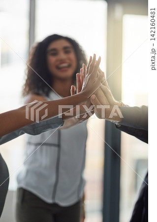 Business people, high five and teamwork for project success, achievement and solution or goals. Professional woman and group in circle for team building, support and hands together for celebration 142160481