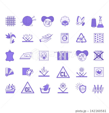 Colored Icons Material Characteristics. Vector Illustrations Textile, Leather, Yarn, Cotton, Silk, Wool, Cashmere, Synthetic Knitted, Bamboo, Waterproof, Breathable, Eco-Friendly, For Kids, and More Colored Icons Material Characteristics. Vector Illustrations Textile, Leather, Yarn, Cotton, Silk, Wool, Cashmere, Synthetic Knitted, Bamboo, Waterproof, Breathable, Eco-Friendly, For Kids, and More 142160581