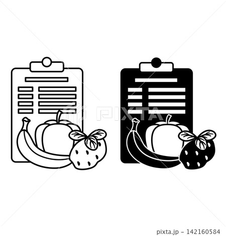 Diet Icons. Black and White Vector Illustration. Healthy Food List, Vegetables and Fruits. Banana, Paprika, Potato and Basil. Healthy Lifestyle, Proper Nutrition. Weight Loss Concept Diet Icons. Black and White Vector Illustration. Healthy Food List, Vegetables and Fruits. Banana, Paprika, Potato and Basil. Healthy Lifestyle, Proper Nutrition. Weight Loss Concept 142160584