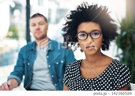 Brazilian woman, portrait and team leader in office for creative, collaboration and direction in project. Female person, manager and workspace with colleague for teamwork, coaching and training 142160589