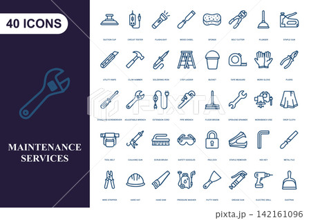 Set of 40 maintenance services icons for construction repair and home improvement projects Set of 40 maintenance services icons for construction repair and home improvement projects 142161096