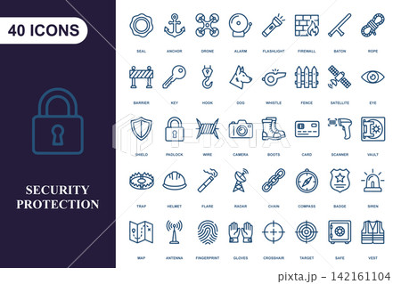 Security and protection icon set for safety surveillance and digital defense systems Security and protection icon set for safety surveillance and digital defense systems 142161104