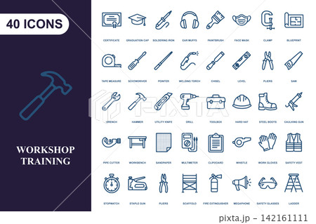 Construction and workshop tools icon set for industrial maintenance and repair projects Construction and workshop tools icon set for industrial maintenance and repair projects 142161111