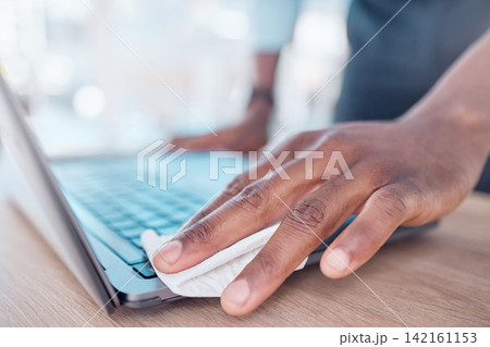 Cleaning, keyboard and hand on laptop, desk and cloth for dirt, bacteria and virus on digital desktop. Employee, copywriter and disinfection of computer, technology and sanitation for germs or dust 142161153