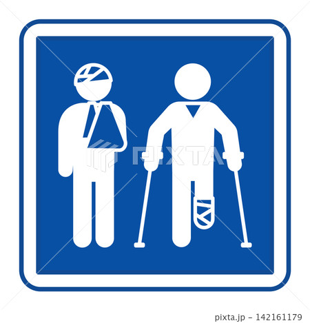 Blue Traumatology Sign. Vector Icon. Person with Head and Arm Injury, Person on Crutches with Leg Injury. Hospital Department Sign Blue Traumatology Sign. Vector Icon. Person with Head and Arm Injury, Person on Crutches with Leg Injury. Hospital Department Sign 142161179