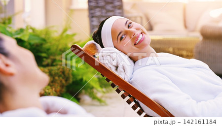 Happy woman, friends and relax with treatment at spa for holiday, getaway or outdoor vacation. Female person with smile on day in relaxation, beauty or skincare therapy for weekend together at resort Happy woman, friends and relax with treatment at spa for holiday, getaway or outdoor vacation. Female person with smile on day in relaxation, beauty or skincare therapy for weekend together at resort 142161184