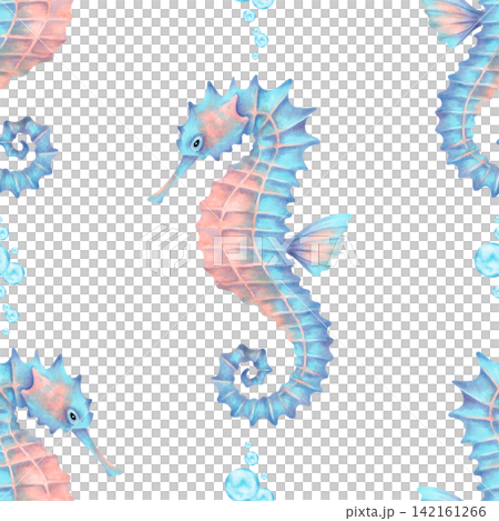Seamless pattern with a seahorse and bubbles. Cartoon watercolor illustration for children. Hand drawn cartoon underwater creature. Marine animal design for backgrounds, textiles, paper and fabric. Seamless pattern with a seahorse and bubbles. Cartoon watercolor illustration for children. Hand drawn cartoon underwater creature. Marine animal design for backgrounds, textiles, paper and fabric. 142161266