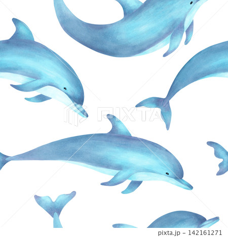 Seamless pattern with cute watercolor dolphins. Illustration of a marine animal. International Dolphin Day. Hand drawn cartoon underwater creature for backgrounds, textiles, paper and fabric. 142161271