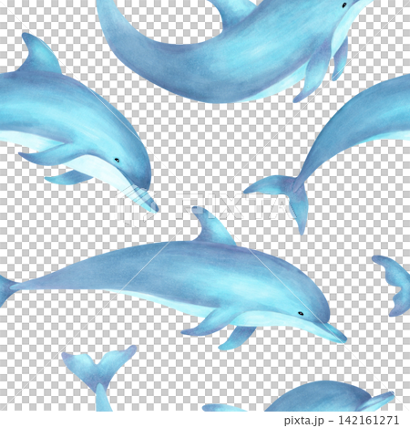 Seamless pattern with cute watercolor dolphins. Illustration of a marine animal. International Dolphin Day. Hand drawn cartoon underwater creature for backgrounds, textiles, paper and fabric. 142161271