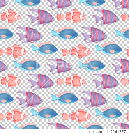 Seamless pattern with clownfish, angelfish and surgeonfish. Watercolor cartoon childrens illustration. Underwater world of marine animals. Hand drawn tropical fish. Background for fabric, textiles. Seamless pattern with clownfish, angelfish and surgeonfish. Watercolor cartoon childrens illustration. Underwater world of marine animals. Hand drawn tropical fish. Background for fabric, textiles. 142161277