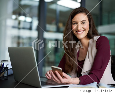 Business, laptop and woman in workspace for portrait, answer email or browsing online with social media. Connection, internet networking and communication, technology with company application for job 142161312
