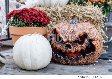 Happy Halloween pumpkin. Trick or treat. Celebrate All Hallows holiday. All Hallows pumpkin. October 31. Halloween party decoration. Spooky pumpkin decoration. Halloween outdoor decoration Happy Halloween pumpkin. Trick or treat. Celebrate All Hallows holiday. All Hallows pumpkin. October 31. Halloween party decoration. Spooky pumpkin decoration. Halloween outdoor decoration 142161595
