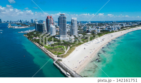 South beach aerial city. Cityscape. Miami beach aerial view. Marina in Miami Beach, Florida USA. Biscayne bay. Downtown Miami Marina with luxury cityscape view. Summer vacation. Aerial perspective 142161751