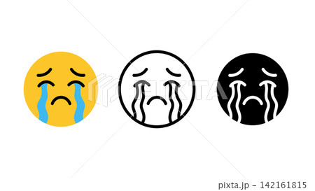 Crying face emoji emotion icon set outline silhouette and color vector isolated on white background Crying face emoji emotion icon set outline silhouette and color vector isolated on white background 142161815