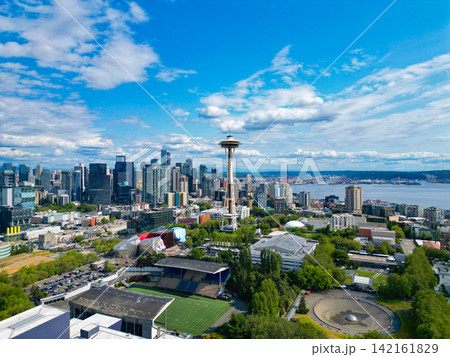 Modern Seattle district, Elliott Bay. Architecture of aerial Space needle. Aerial view of Seattle with Space Needle tower. Travel destination. Seattle downtown skyline. Aerial Seattle. Space Needle Modern Seattle district, Elliott Bay. Architecture of aerial Space needle. Aerial view of Seattle with Space Needle tower. Travel destination. Seattle downtown skyline. Aerial Seattle. Space Needle 142161829