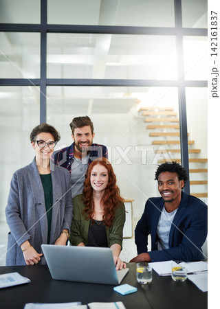 Portrait, teamwork or business people in startup for solution, conversation or group discussion. Laptop, diversity or happy designers in office meeting for planning, feedback or online collaboration 142161837
